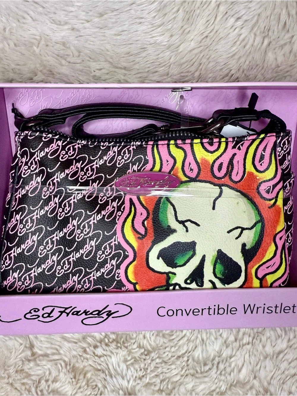 Ed Hardy Black Wristlet & Key Ring with Neon Pink, Green & Yellow Skull NWT